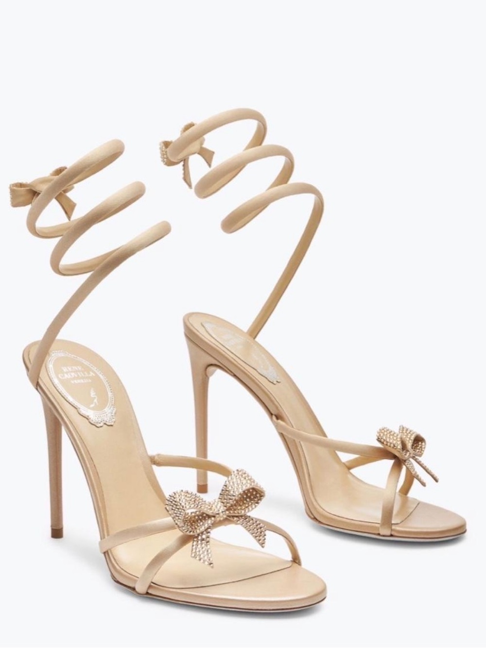 Rene Caovilla Beige Spiral-Tie Stiletto Sandals with Crystal Bow